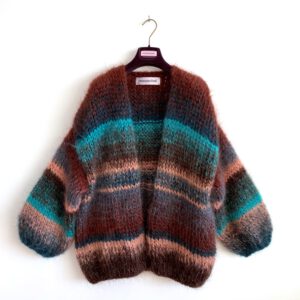 Hand gebreid mohair vest bruin groen perzik