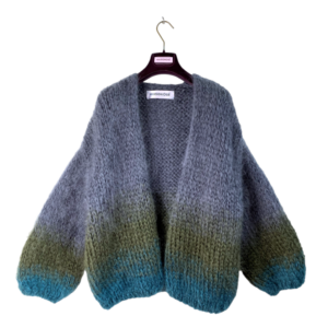 mohair vest gestreept met grijs petrol en groen