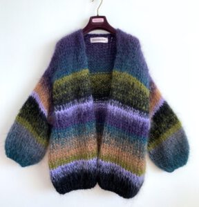 lang gebreid mohair vest paars groen lila camel olijf