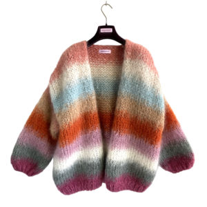 chunkyknit mohair cardigan with tie-dye stripes in orange camel mint and pink