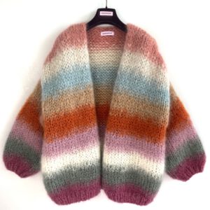 chunkyknit mohair cardigan with tie-dye stripes in orange camel mint and pink