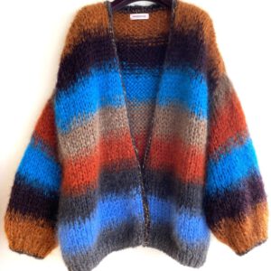 grof gebreid damesvest mohair strepen blauw oranje bruin