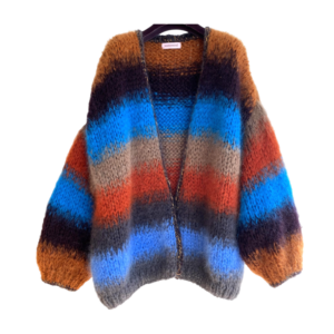 grof gebreid damesvest mohair strepen blauw oranje bruin