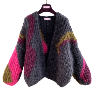 intarsia gebreid mohair damesvest olijfgroen fuchsia