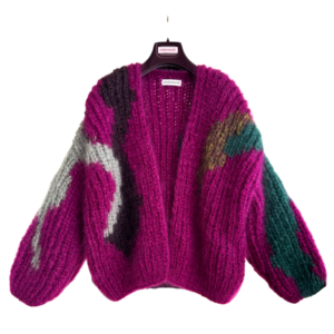 intarsia gebreid mohair damesvest cyclaam magenta burgundy groen