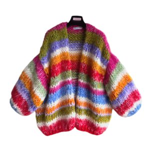 multicolor mohair en alpaca vest in felrood, mauve paars, tangerine, lime, offwhite, lila, blauw en roze