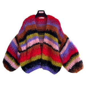 Gestreept multicolor mohair vest in de kleuren felrood, mauve paars, roestoranje, lime, zwart en roze