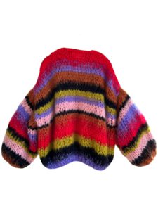 Gestreept mohair vest in de kleuren felrood, mauve paars, roestoranje, lime, zwart en roze