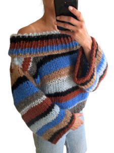 off shoulder sweater gestreept blauw grijs zilver camel zwart blauw