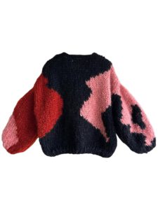 Chunky gebreide mohair cardigan in zwart met camo-style in koraal roze en rood