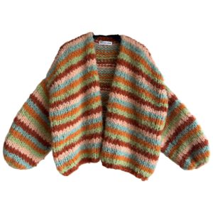 Hand gebreid damesvest gestreept in abrikoos, groen en oranje