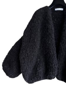 black cardigan handknit with mohair and silk bomberjack model