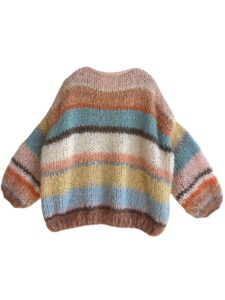 Hand gebreid oversized damesvest Mia gestreept camel lichtgeel roze zilver