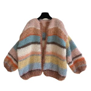 Hand gebreid oversized damesvest Mia gestreept camel lichtgeel roze zilver