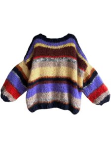 Hand gebreid oversized damesvest June gestreept navy geel paars