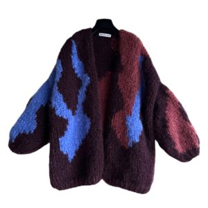 Mohair cardigan Marley in aubergine met camo-style patroon in blauw en burgundy
